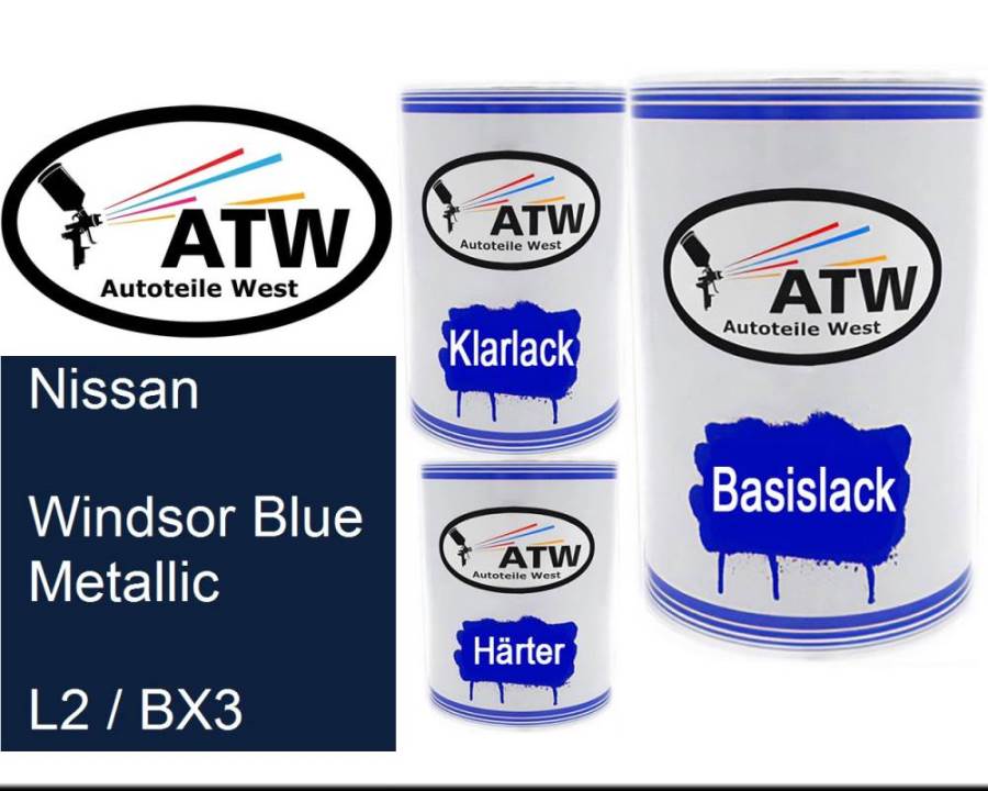 Nissan, Windsor Blue Metallic, L2 / BX3: 500ml Lackdose + 500ml Klarlack + 250ml Härter - Set, von ATW Autoteile West.
